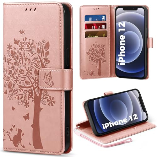 EASDNB Handyhülle für iPhone 12 Hülle Lederhülle Flip Wallet Case | 3 Kartenfächer, Magnet, Ständer, Premium Leder Prägung, Magnetic Closure, RFID Blockierung Klapphülle, 6.1, Rosa
