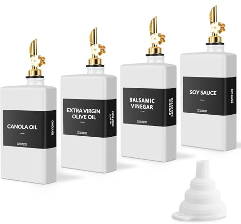 4-pack fyrkantig glasoljedispenser, vitt kök olivolja flaska med plommonformad automatisk öppning häll, olje- och vinägerdispenser set med silikontratt och 40 vattentäta etiketter (350 ml/13 oz)