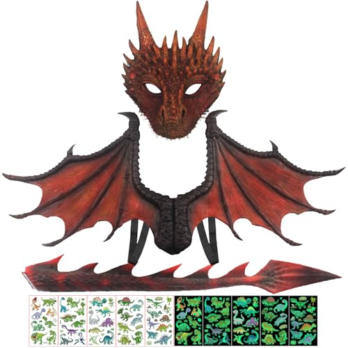LUKIUP Drachen Kostüm Kinder, Drachen Kostiim, Halloween Drachen Maske, Drachenkostüm kind, Mit Dinosaurier Leuchtaufklebern, Drachen Kostim Erwachsene für Halloween Party Karneval (rot)