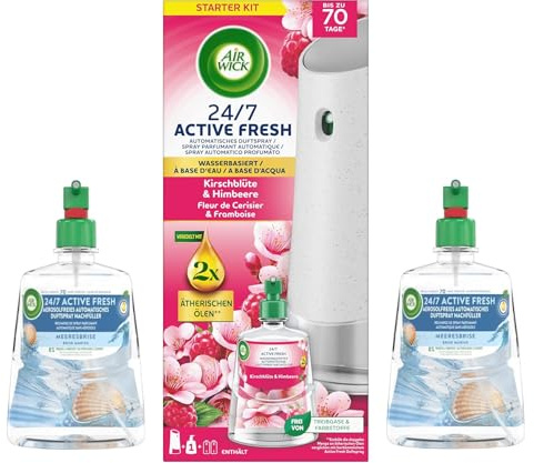 Air Wick Active Fresh Automatisches Duftspray Bundle – Automatisches Starter Set & Nachfüller – 1x Kirschblüte & Himbeere Starter + 2x Meeresbrise Nachfüller – Wasserbasiert, 3x 228ml