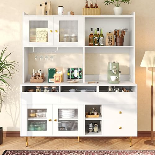 Armoire Haute 145x39x171 cm avec Porte vitrée tiroirs Porte-Verres à vin étagères Ouvertes Buffet pour Salon Salle à Manger Restaurants armoires de Rangement Blanc
