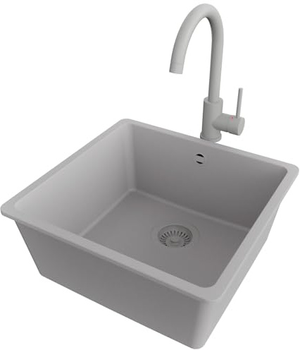 PRIMAGRAN Fregadero bajo Encimera al Mueble 50cm + Grifo, 46x44cm | Set: Grifo BW5010 + Kit de desagüe (sifón, válvula, rebosadero) + Venecia Easy 1 Seno Granito, Todo Gris
