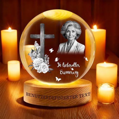 Personalisierte Gedenk-Kristallkugel Nachtlicht, Individuelle Foto-Erinnerungskugel Lampe Laser Graviertes Andenken mit Holzbase für Verlust von Haustier, Trauer Geschenk (Kugel nach Maß)