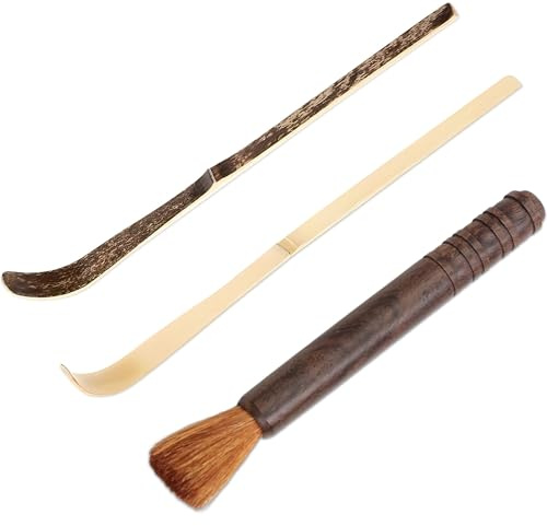 Lot de 3 Ustensiles de Cuisine en Bois : 2 Cuillères à Café + 1 Fouet à Matcha (Brosse à Thé) - Accessoires de Thé Japonais, Ustensiles pour Café et Thé