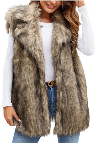 Halongz - Chaleco de invierno cálido de piel sintética para mujer, corto, esponjoso, sin mangas, ligero y informal, con cuello en V, térmico de invierno, marrón, XXL