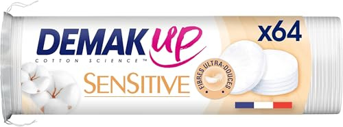 Demak'Up Sensitive Wattepads zum Abschminken – Gesicht und Augen – 100% natürliche Baumwollfasern – 64 Wattepads (Packung mit 5)