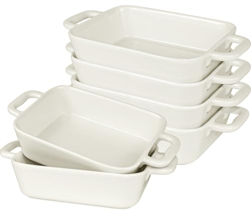 Set of 6 Small Ceramic Baking Dishes, 450ml Individual Porcelain Lasagna Pans with Handles, Rectangular White Casserole Dishes for Oven, Gratin Dishes