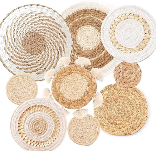 Set di 9 cestini da parete in tessuto bohémien, da appendere, in rattan, rotondi, ecologici, decorazione da parete per casa colonica, camera da letto, soggiorno, cucina, tavolo da casa