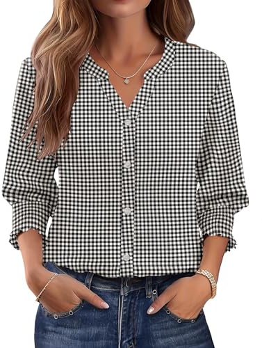 Rapbin Blusa para mujer, manga 3/4, manga larga, cuello en V, parte superior, con botones, vestido de verano, camiseta