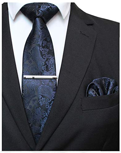 JEMYGINS Dunkelblau krawatte Paisley Seide Herren Krawatten und Einstecktuch mit krawattenklammer Sets (1)