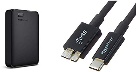 Western Digital WDBU6Y0040BBK-WESN 4TB Elements Tragbare Externe Festplatte schwarz & Amazon Basics - Verbindungskabel, USB Typ C auf Micro-USB Typ B, USB 3.1, 2. Generation, 0,9 m, Schwarz