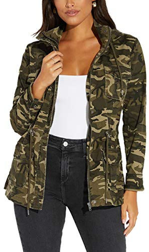 SheKiss Women Camouflage Paint Lightweight Jackets Long Sleeve Zipper Canvas Camo with Pockets - Camouflage - Medium