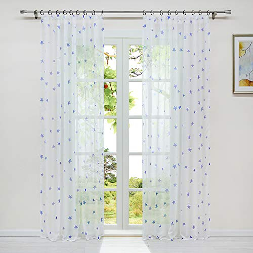 HeichkelL Vorhang Voile Sterne Druck Transparent Gardine mit Kräuselband 1 Stück Dekoschal Fensterstore für Kinderzimmer Wohnzimmer BxH 140x225cm Weiß-Blau