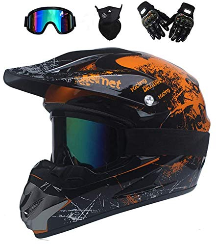 AMITD Motorrad Crosshelm Schwarz Grün Motocross Helm Set mit Brille (4 Stück), Fullface MTB Helm Kinder Cross Helm Motorradhelm Fahrrad Enduro Downhill BMX Off Road ATV, Orange, M(54~55)