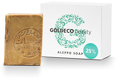 GOLDECO Aleppo Seife, 200 g – 75% Olivenöl 25% Lorbeeröl, Original Aleppo Haarseife, Olivenölseife, Naturseife, traditionelle Handarbeit, Vegan (1x200g mit Verpackung)