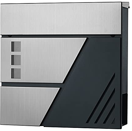 SONGMICS XXL Briefkasten, Wandbriefkasten mit Sichtfenster, aus Edelstahl, für Haustür, mit Schloss und Schlüsseln, silbern-anthrazit GMB053G01