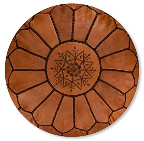 Poufs&Pillows Marokkanischer Echtleder Pouf - Handgefertigt - Gefüllt Geliefert - Ottoman, Sitzsack, Fußhocker, Puff (Caramel Braun)