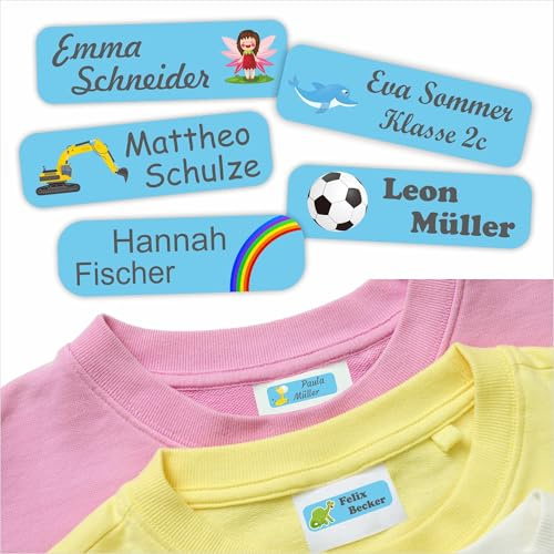Indigos UG Namensschilder für Kleidung & Gegenstände hellblau - 35x10mm - 60 Sticker - Namensaufkleber Kinder Schule - Kindergarten, KITA - für Wäscheetiketten selbstklebend