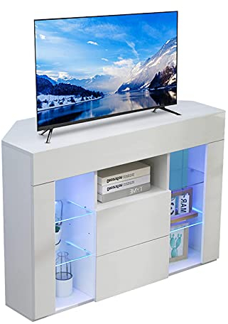 Dripex Mobile TV ad Angolo con Luci LED, Mobile Porta Televisore con Ripiani di Vetro Aperti, 2 Scomparti con Ante 100x68x40 cm, Bianco