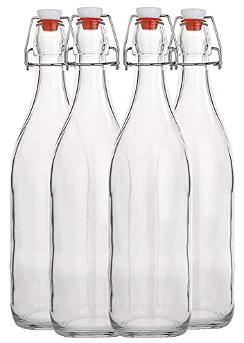 XZF Swing Top Clear Glass Bottles Brewing Bottles 1000ml 33 fl. oz. Flip Top Bottles Great for Oil Vinegar Beverages Homemade Juices Kombucha Water Beer Set of 4, XZF001