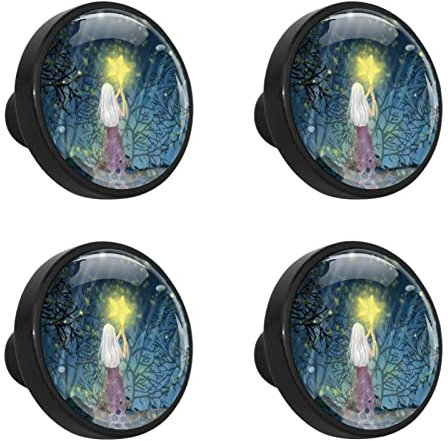 Möbelknöpfe Sterne Und Mädchen Schubladenknöpfe 4 Stück Schubladengriffe Kristall Kommodenknöpfe Für Schrank Schublade Kommode,Runder Schwarz 3.3x2.5 cm