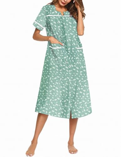 Ekouaer Womens Snap Front Dusters Cotton Housecoat Short Sleeve Nightgown House Dress With Pockets Light Green Floral XXL
