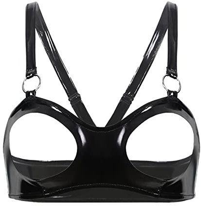 Choomomo Woman's PVC Leather Push Up Shelf Bra Exposed Nipple Demi Balconette Unlined Bra Crop Top Black M