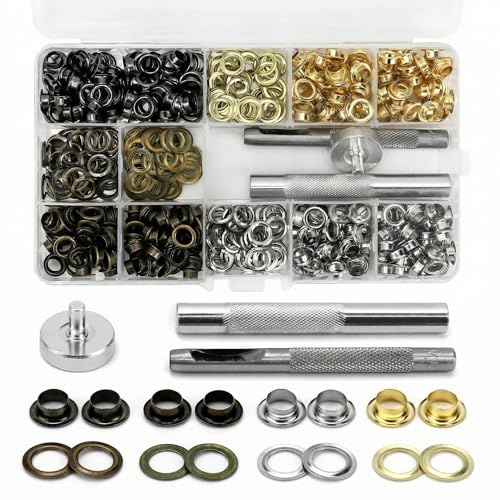 QWORK 400 Ösen Set Ösen Zange, Ösen Kit 6 mm, Locher Ösen Werkzeug Kit, mit Werkzeugset Ösentanzer Ösenzange, für Lederschuhe Plane Stoff Papier Markise, 4 Farben