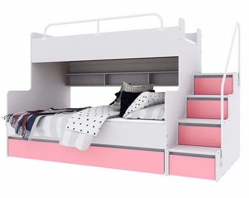 Marlux-Meble Hochbett Kinderbett JSM-3 mit Treppe 80x190 + 120x190 Matt Kinderbetten Funktionsbett Etagenbett Stockbett Kinderhochbett Jugendhochbett (Rosa Matt)