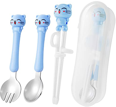 3Pcs Kinder Training Essstäbchen, Katze Lernen Essstäbchen Mehrweg Lernen Stäbchen Chinesische Chopsticks Trainieren von Essstäbchen für Anfänger Kinder mit Löffel Tragbaren Box,Schnallen-Design, Blau