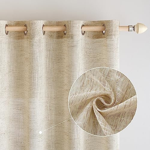 EMEMA Leinen Gardinen Vorhang mit Ösen Wohnzimmer Modern Leinenvorhang Vorhänge Leinenoptik Kinderzimmer Gardine Küche Schlafzimmer 2er Set 140x225cm (B x H) Bräunlich Weiß