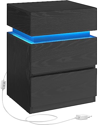 VASAGLE Nachttisch mit LED-Beleuchtung, Beistelltisch, einstellbare Farben, Sofatisch 3 Schubladen, Nachtschrank Schlafzimmer, modern, 35 x 40 x 55 cm, schwarz mit Holzmaserung LET630T56