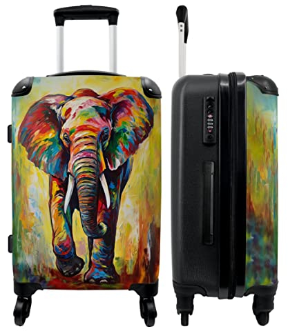 NoBoringSuitcases.com® Koffer Mittelgroß 67x43x25 cm Hartschalenkoffer Trolley Rollkoffer 4 Rollen Leicht Hartschale Größe M Ölfarbe - Elefant - Farbenfroh