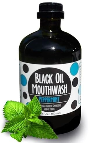 Coconut/Avocado/Sesame Oil Mouthwash, Sweet & Delicious Peppermint, with Charcoal & Xylitol for Oil Pulling, 15 oz Black Oil Mouthwash Glass Bottle (Peppermint)