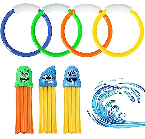 Kiuiom Juguetes para Nadar Bajo Agua, Anillos y Pulpos de Buceo, Juguete Acuático para Piscina - 4PCS Anillos y 3PCS Pulpos para Entrenamiento y Juego de Niños