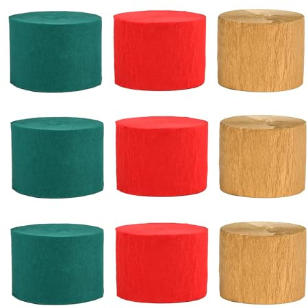 MEISH 9 Rolls Christmas Crepe Paper Streamers Red Green Gold Paper Streamers Party Hanging Decor Streamers for Party Wedding New Year Christmas, 4.5cm×20m