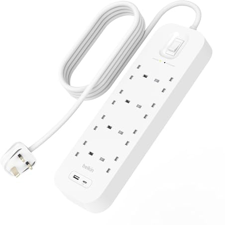 Belkin 8-Outlet Surge Protector Power Strip with USB-C and A Ports, 2m Cord | Extension Lead with USB-C and USB-A Slots, Wall-Mountable with 8 AC Outlets, 2m Power Cord, 900 Joules, Green Indicator Light