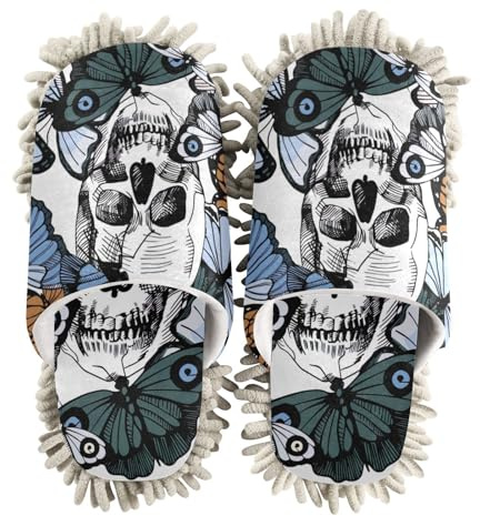 ZRWLUCKY Totenkopf Halloween Schmetterling Mopp Hausschuhe Schuhe Bodenreinigung Küche Staub Wischen Waschbar Mikrofaser Haus Hausschuhe, Totenkopf Halloween Schmetterling, Large