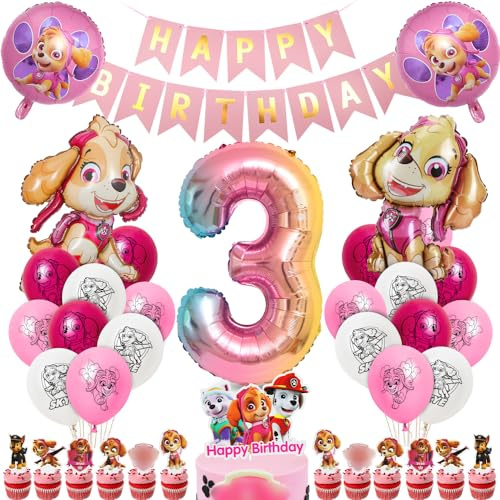 Geburtstagsdeko Mädchen 3 Jahre, Hund Patrol Geburtstag Deko, Sky Luftballons 3 Geburtstag, Folienballon Zahl 3, Happy Birthday Banner, Dog-Patrol Tortendeko als Kindergeburtstag Partydeko