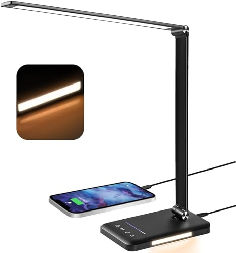 BIENSER Lampe de Bureau LED, 560LM Lampe de Table avec 5 Couleurs & 10 Niveaux de Luminosité, Dimmable, Protection des Yeux, Veilleuse, Port USB, Fonction Mémoire, Minuterie Auto 30 Min, 6000K, 10W
