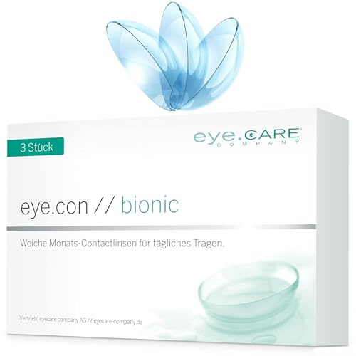 Eye.Con Bionic weiche Monatslinsen aus Bio-Hydrogel mit UV-Schutz – 3 Kontaktlinsen mit hoher Wasserbindung speziell für trockene Augen. Contact Lenses mit schonendem Randprofil für empfindliche Augen