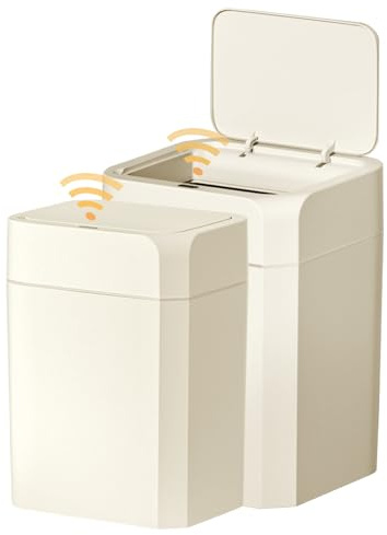 ELPHECO Bathroom Trash Can with Lid 2 Pack Motion Sensor Slim Garbage Can Waterproof Smart Small Trash Bin for Bathroom, Kitchen, Office, Bedroom, Living Room, Toilet (Cream Beige, 3.5 + 4.5 Gallon)
