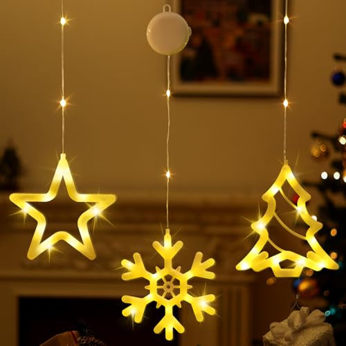 Lewondr LED Sterne Weihnachtsbeleuchtung,3 Stück Weihnachtsdeko Fenster Licht mit Saugnäpfe, Timer,Batteriebetrieben,Fenster Lichterkette Innen für Weihnachten Deko,Balkon,Party,Hochzeit,Warmes Licht