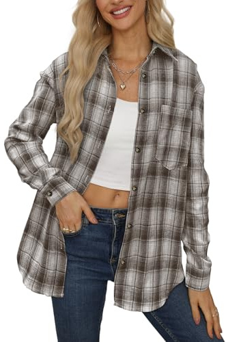 NONSAR Blusa a cuadros para mujer, con botones, manga larga, Oktoberfest, blusa a cuadros, túnica, informal, cuello en V, tops, camisa de franela, M