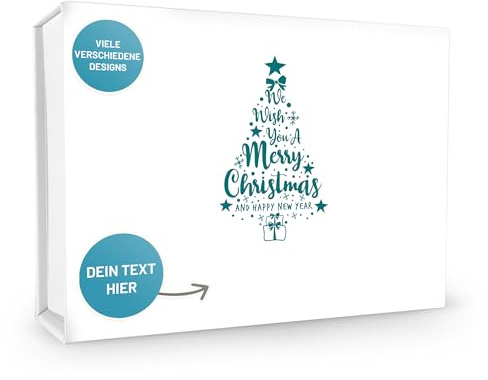 VerpackungsWelt Personalisierte Geschenk-Box | 23x17x5 cm | Geschenk-Schachtel mit Deckel & Magnet | Weihnachtsbaum-Motiv Nr. 1 | Verpackung personalisiert Weiß