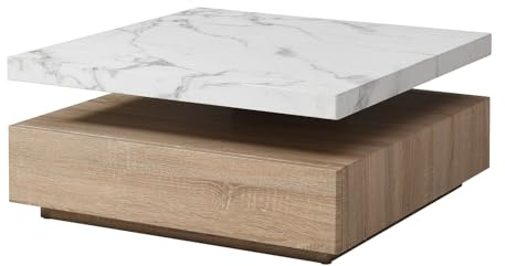 Vente-unique - Table Basse pivotante 80 × 80 cm modéle Kyria – Plateau en MDF Effet marbre Blanc & Bois Naturel, tiroir intégré, Design Contemporain modulable pour Salon Moderne