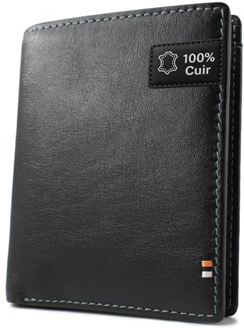Portefeuille Homme en Cuir véritable avec Blocage RFID, Porte Monnaie, Porte Cartes et Compartiment sans Contact,Noir.