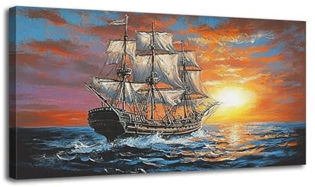 Canvas Wall Art Prints Old ship ocean An old sailing galleon ocean sunset sails waves Large Framed Wall Art Painting Artwork Poster Hanging Home Decor for Living Room Office Bathroom 20x40