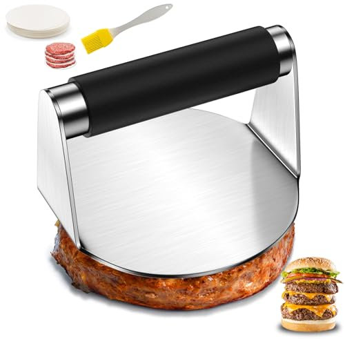 5.5 Inch Burger Press with Silicone Handle and 100 Papers, Stainless Steel Hamburger Press, Round Burger Smasher with Non-Stick Coating for Flat Grill Pan, Frying Pan, Flat Press for Meat