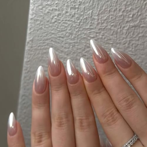 Chrome Ombre French False Nails Medium Almond, SXVME French Press on Nails Medium, Glazed Fake Nails Almond, Natural Ombre Pink Nails Press on for Women Daily Wear